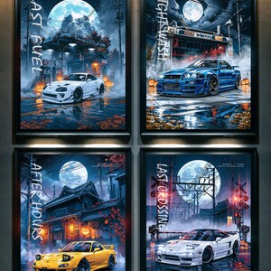 May include: A set of four framed posters featuring Japanese sports cars in night scenes under a full moon. The prints depict a white Toyota Supra, a blue Nissan Skyline, a yellow Mazda RX-7, and a white Honda NSX with Halloween pumpkin accents.