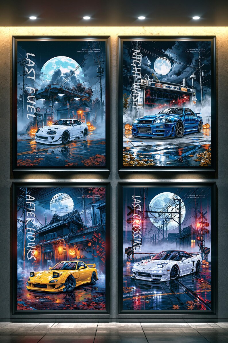 May include: A set of four framed posters featuring Japanese sports cars in night scenes under a full moon. The prints depict a white Toyota Supra, a blue Nissan Skyline, a yellow Mazda RX-7, and a white Honda NSX with Halloween pumpkin accents.