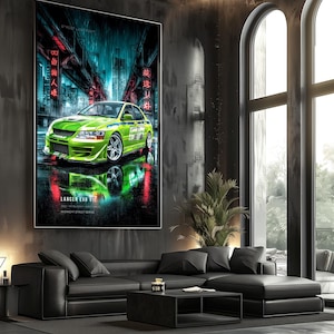 May include: A large vertical wall poster featuring a bright lime green Mitsubishi Lancer Evo VII sports car parked on a wet city street at night. The artwork includes red neon Japanese text, blue ambient lighting, and the text LANCER EVO VII.