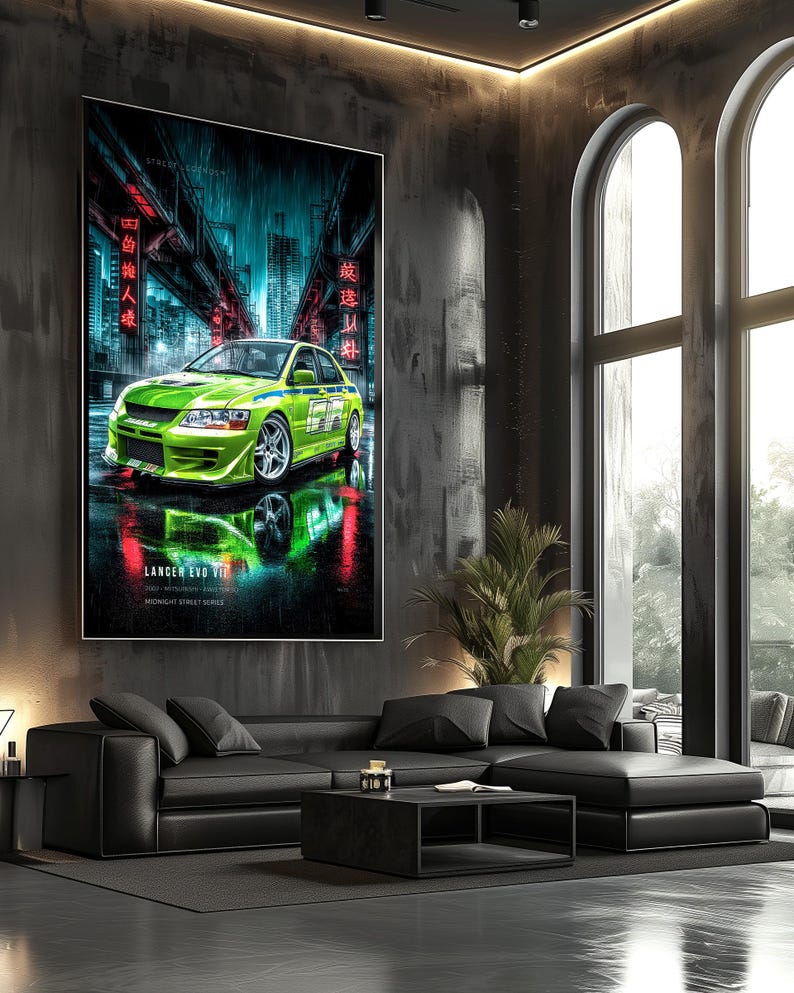 May include: A large vertical wall poster featuring a bright lime green Mitsubishi Lancer Evo VII sports car parked on a wet city street at night. The artwork includes red neon Japanese text, blue ambient lighting, and the text LANCER EVO VII.
