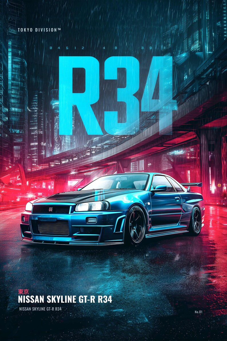 Op de afbeelding: Een blauwe Nissan Skyline GT-R R34 sportwagen geparkeerd op een natte stadsstraat in de nacht. De afbeelding bevat de tekst TOKYO DIVISION, R34 en NISSAN SKYLINE GT-R R34. De sc&egrave;ne is verlicht door levendige blauwe en rode neonlichteffecten.