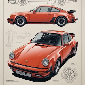 May include: A technical print featuring a red sports car shown in side and front-angle views, accompanied by black-and-white line drawings of the vehicle's profile, a wheel, and mechanical components. The car has a license plate reading 90-00.