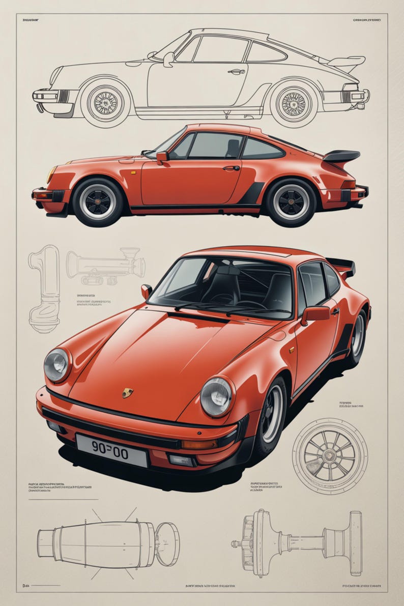 May include: A technical print featuring a red sports car shown in side and front-angle views, accompanied by black-and-white line drawings of the vehicle's profile, a wheel, and mechanical components. The car has a license plate reading 90-00.