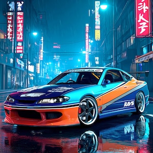 May include: A blue and orange Nissan Silvia S15 sports car with a rear spoiler and RAYS wheels parked on a wet city street at night. The car features various decals, and the background displays illuminated signs with Japanese text and Drift District.