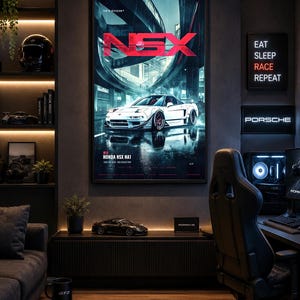 May include: A vertical wall poster featuring a white Honda NSX NA1 sports car in a rainy urban setting with the text NSX and HONDA NSX NA1. The poster is displayed in a dark room with shelves, a gaming chair, and various automotive-themed decor items.