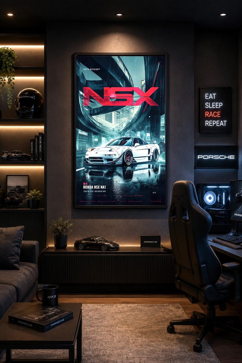May include: A vertical wall poster featuring a white Honda NSX NA1 sports car in a rainy urban setting with the text NSX and HONDA NSX NA1. The poster is displayed in a dark room with shelves, a gaming chair, and various automotive-themed decor items.