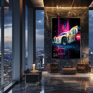 May include: A rectangular wall art print featuring a Porsche 962 race car with the number 91, rendered in a distressed yellow and white livery against a dark background with vibrant pink neon light streaks and the text MOTORSPORT LEGENDS PORSCHE 962 1986.