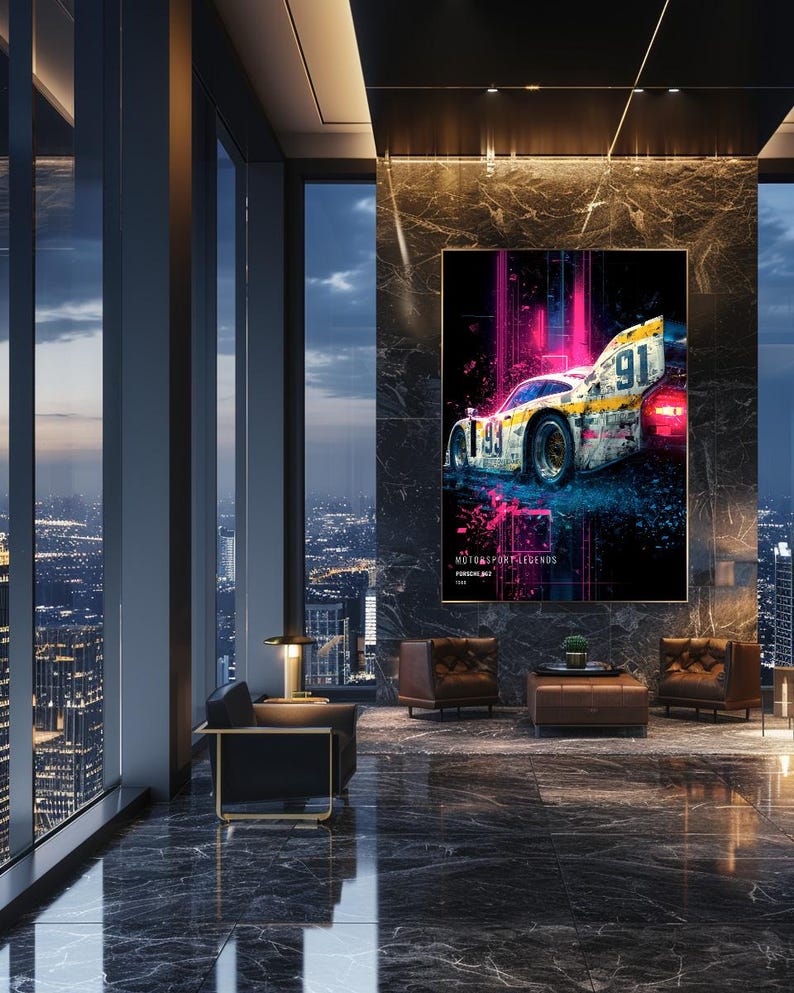 May include: A rectangular wall art print featuring a Porsche 962 race car with the number 91, rendered in a distressed yellow and white livery against a dark background with vibrant pink neon light streaks and the text MOTORSPORT LEGENDS PORSCHE 962 1986.