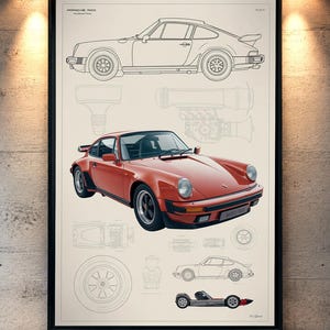 May include: A framed wall art print featuring a technical blueprint design of a Porsche 911. The poster displays a detailed red sports car illustration centered among various line drawings of car components, wheels, and side profiles on a cream background.