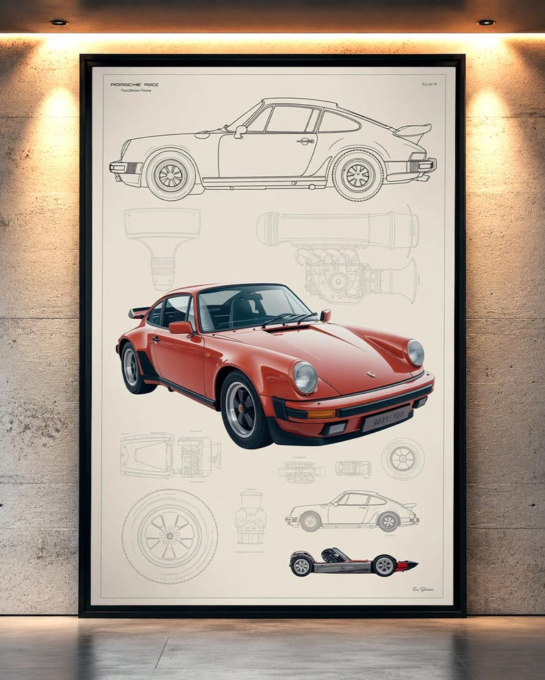 May include: A framed wall art print featuring a technical blueprint design of a Porsche 911. The poster displays a detailed red sports car illustration centered among various line drawings of car components, wheels, and side profiles on a cream background.