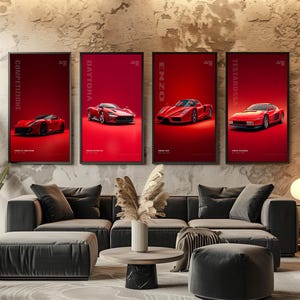 May include: Four rectangular wall art prints featuring red Ferrari sports cars against a solid red background. The prints are labeled Competizione, Daytona, Enzo, and Testarossa in vertical white text, with model names printed in white at the bottom.