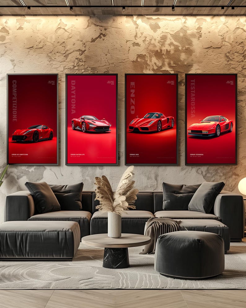 May include: Four rectangular wall art prints featuring red Ferrari sports cars against a solid red background. The prints are labeled Competizione, Daytona, Enzo, and Testarossa in vertical white text, with model names printed in white at the bottom.
