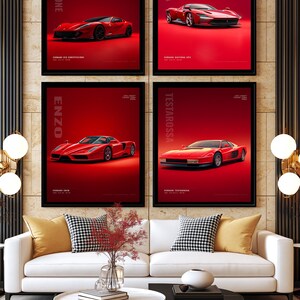 May include: Four framed wall art prints featuring red Ferrari sports cars on a solid red background. Each print displays the model name vertically in white text, including Competizione, Daytona, Enzo, and Testarossa, with technical specifications.