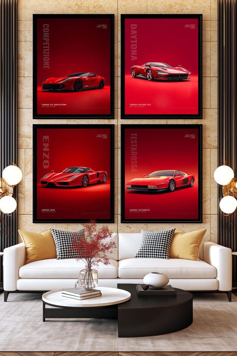 May include: Four framed wall art prints featuring red Ferrari sports cars on a solid red background. Each print displays the model name vertically in white text, including Competizione, Daytona, Enzo, and Testarossa, with technical specifications.