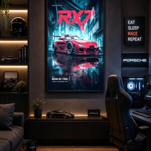 May include: A framed vertical wall poster featuring a red Mazda RX-7 FD3S sports car in a dark, neon-lit urban setting. The text RX7 is displayed in large red letters at the top, with MAZDA RX-7 FD3S printed in smaller white text at the bottom.