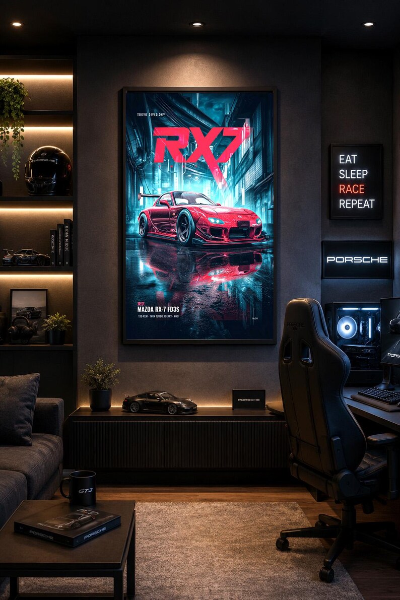 May include: A framed vertical wall poster featuring a red Mazda RX-7 FD3S sports car in a dark, neon-lit urban setting. The text RX7 is displayed in large red letters at the top, with MAZDA RX-7 FD3S printed in smaller white text at the bottom.