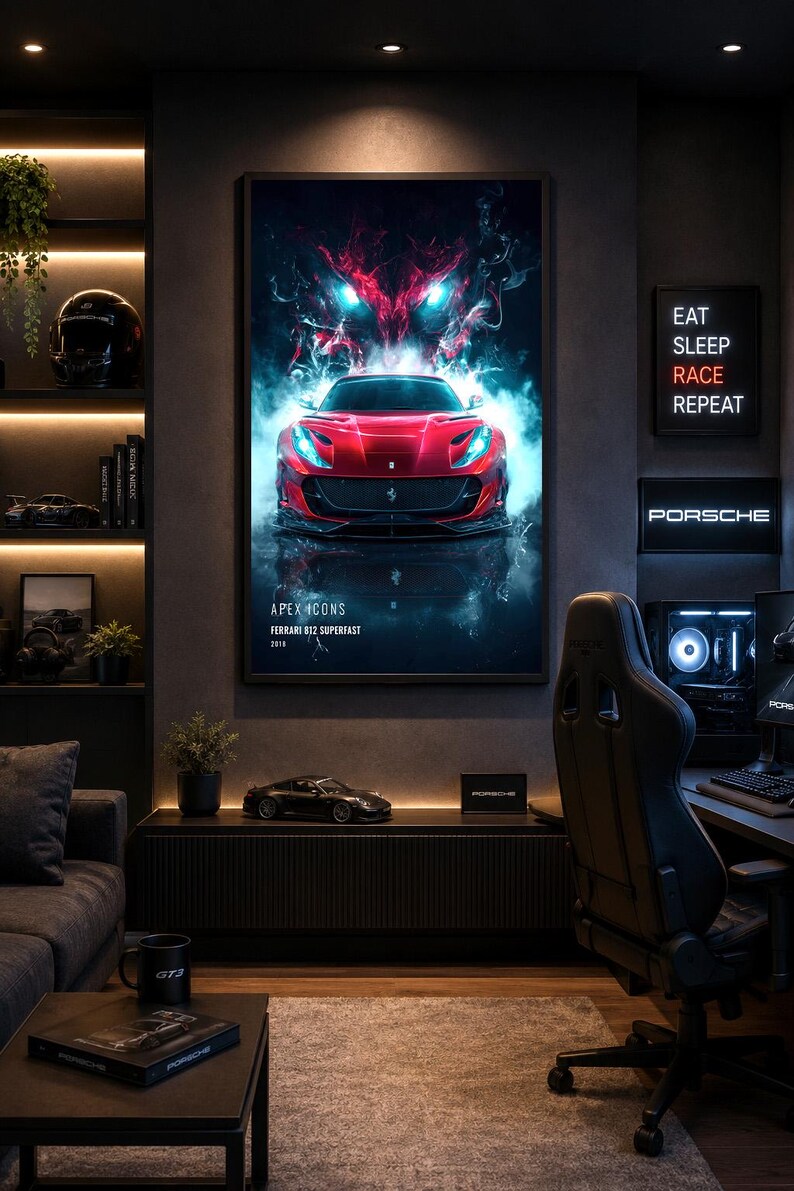 May include: A framed vertical wall poster featuring a red Ferrari 812 Superfast car with glowing blue headlights and a red smoke effect. The text reads APEX ICONS, FERRARI 812 SUPERFAST, 2018. The poster is displayed in a dark room with ambient lighting.