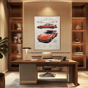 May include: A framed wall art print featuring a technical illustration of a red sports car. The artwork displays a side profile line drawing, a side view of the red car, and a front three-quarter view of the same red vehicle with technical details.