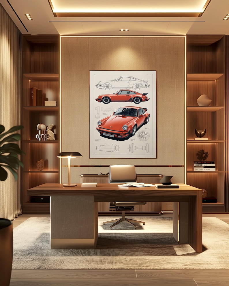 May include: A framed wall art print featuring a technical illustration of a red sports car. The artwork displays a side profile line drawing, a side view of the red car, and a front three-quarter view of the same red vehicle with technical details.