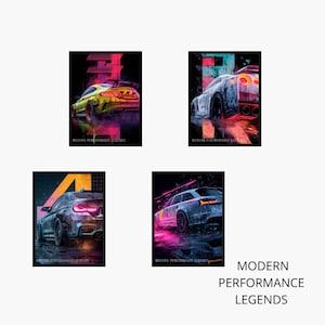 May include: Four framed art prints featuring stylized illustrations of modern sports cars in vibrant colors. Each print has the text "MODERN PERFORMANCE LEGENDS" at the bottom. The cars are depicted with dynamic lighting effects.