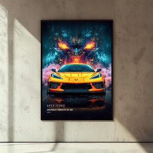 May include: A framed vertical poster featuring a bright yellow Chevrolet Corvette C8 Z06 2023 centered against a dark, fiery background with glowing orange and blue light effects. The text APEX ICONS, CHEVROLET CORVETTE C8 Z06, and 2023 appear below.