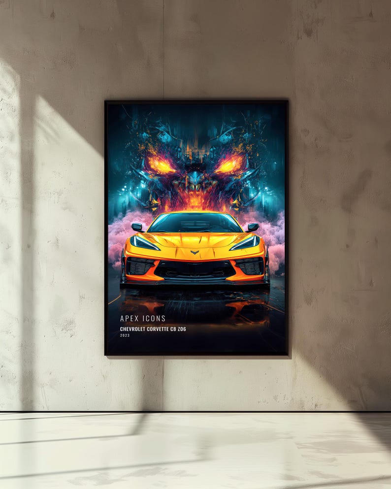 May include: A framed vertical poster featuring a bright yellow Chevrolet Corvette C8 Z06 2023 centered against a dark, fiery background with glowing orange and blue light effects. The text APEX ICONS, CHEVROLET CORVETTE C8 Z06, and 2023 appear below.