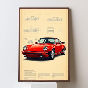 Op de afbeelding: Een ingelijste print met een rode sportwagen met zwarte accenten, tegen een vintage blauwdrukachtergrond. De print bevat de tekst "INSTANT DOWNLOAD" bovenaan.