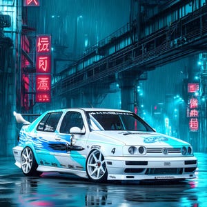 May include: A white 1995 Volkswagen Jetta A3 sedan with blue graphic decals, a rear spoiler, and white multi-spoke wheels. The car is parked on a wet street at night under neon blue and red city lights with text reading STREET LEGENDS.