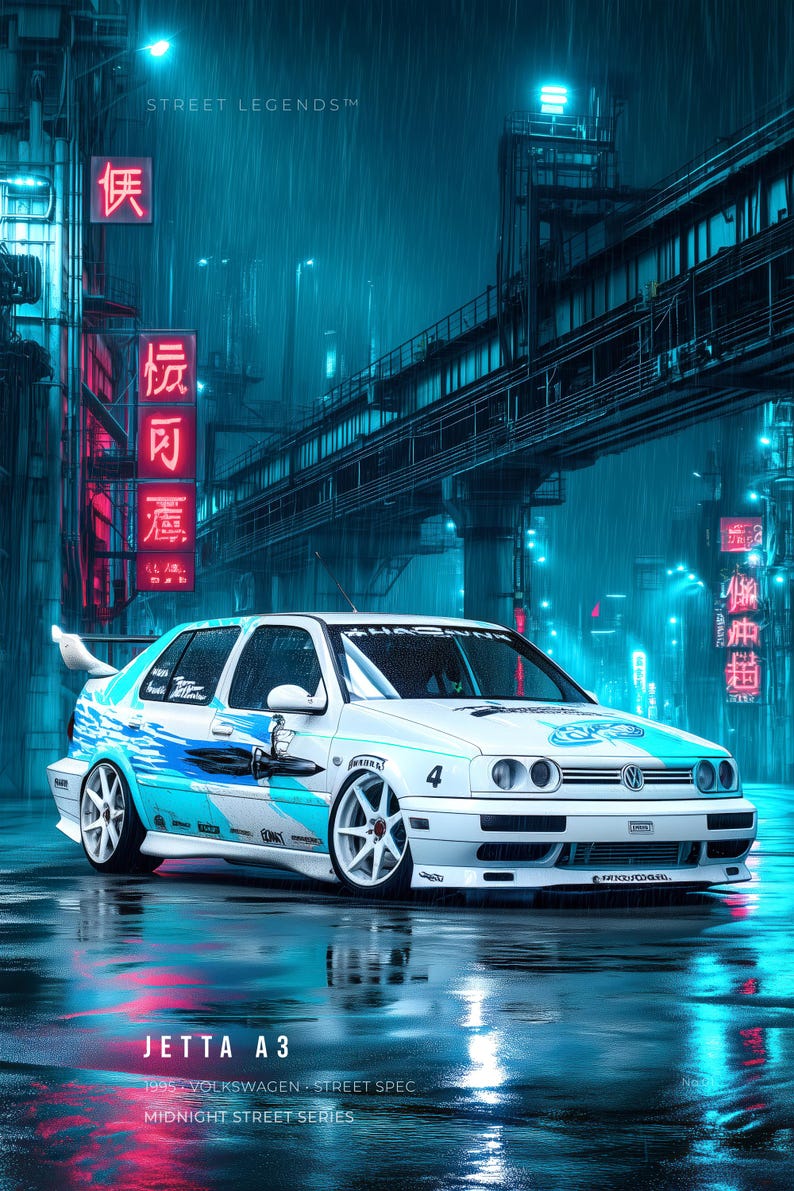 May include: A white 1995 Volkswagen Jetta A3 sedan with blue graphic decals, a rear spoiler, and white multi-spoke wheels. The car is parked on a wet street at night under neon blue and red city lights with text reading STREET LEGENDS.