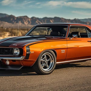 Op de afbeelding: Een klassieke oranje auto met zwarte racestrepen en de tekst "SS 396" op de zijkant. De auto staat geparkeerd op een verharde weg met een woestijnlandschap en bergen op de achtergrond. De kentekenplaat luidt "SAS 2812".