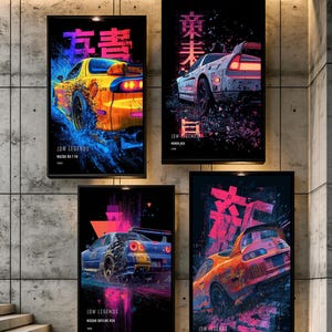 May include: Four vertical rectangular wall art prints featuring JDM sports cars: a yellow Mazda RX-7 FD, a white Honda NSX, a blue Nissan Skyline R34, and an orange Toyota Supra MK4. Each print displays vibrant neon colours, abstract motion effects, and Japanese text.
