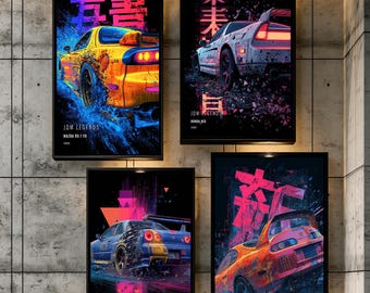 May include: Four vertical rectangular wall art prints featuring JDM sports cars: a yellow Mazda RX-7 FD, a white Honda NSX, a blue Nissan Skyline R34, and an orange Toyota Supra MK4. Each print displays vibrant neon colors, abstract motion effects, and Japanese text.