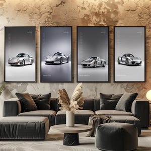 May include: Four framed vertical wall art prints featuring silver Porsche sports cars. Each print displays a specific model: 959, 911 GT1, Carrera GT, and 918 Spyder, with corresponding model text printed in a clean, minimalist font against a light gray background.
