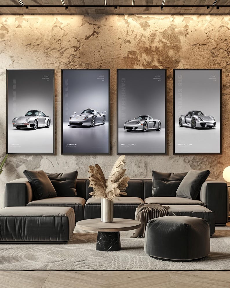 May include: Four framed vertical wall art prints featuring silver Porsche sports cars. Each print displays a specific model: 959, 911 GT1, Carrera GT, and 918 Spyder, with corresponding model text printed in a clean, minimalist font against a light gray background.