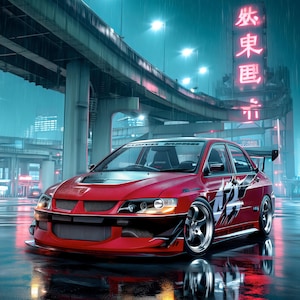 May include: A red 2006 Mitsubishi Lancer Evolution IX sports sedan with a black hood vent, front splitter, and rear wing. The car features white side graphics and silver wheels, parked on a wet surface under a bridge with neon city signage.