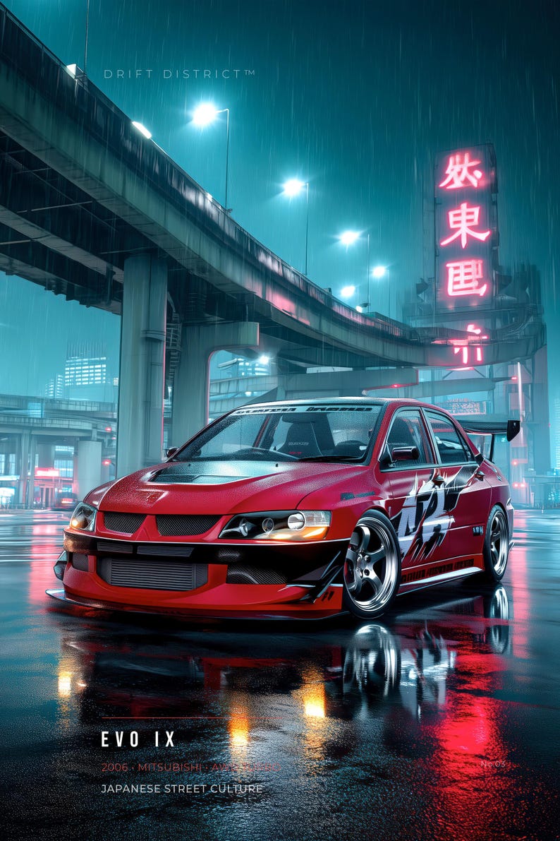 May include: A red 2006 Mitsubishi Lancer Evolution IX sports sedan with a black hood vent, front splitter, and rear wing. The car features white side graphics and silver wheels, parked on a wet surface under a bridge with neon city signage.