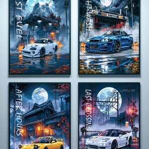 May include: A set of four vertical posters featuring Japanese sports cars under a full moon. The prints display a white Toyota Supra, a blue Nissan Skyline, a yellow Mazda RX-7, and a white Honda NSX, each surrounded by Halloween pumpkins.