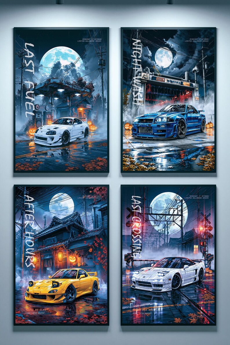May include: A set of four vertical posters featuring Japanese sports cars under a full moon. The prints display a white Toyota Supra, a blue Nissan Skyline, a yellow Mazda RX-7, and a white Honda NSX, each surrounded by Halloween pumpkins.