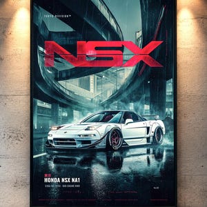 May include: A vertical poster featuring a white Honda NSX NA1 sports car on a wet city street under an overpass. The text reads TOKYO DIVISION, NSX, and HONDA NSX NA1 C30A V6 VTEC MID-ENGINE RWD. The car has wide fenders and dark red wheels.