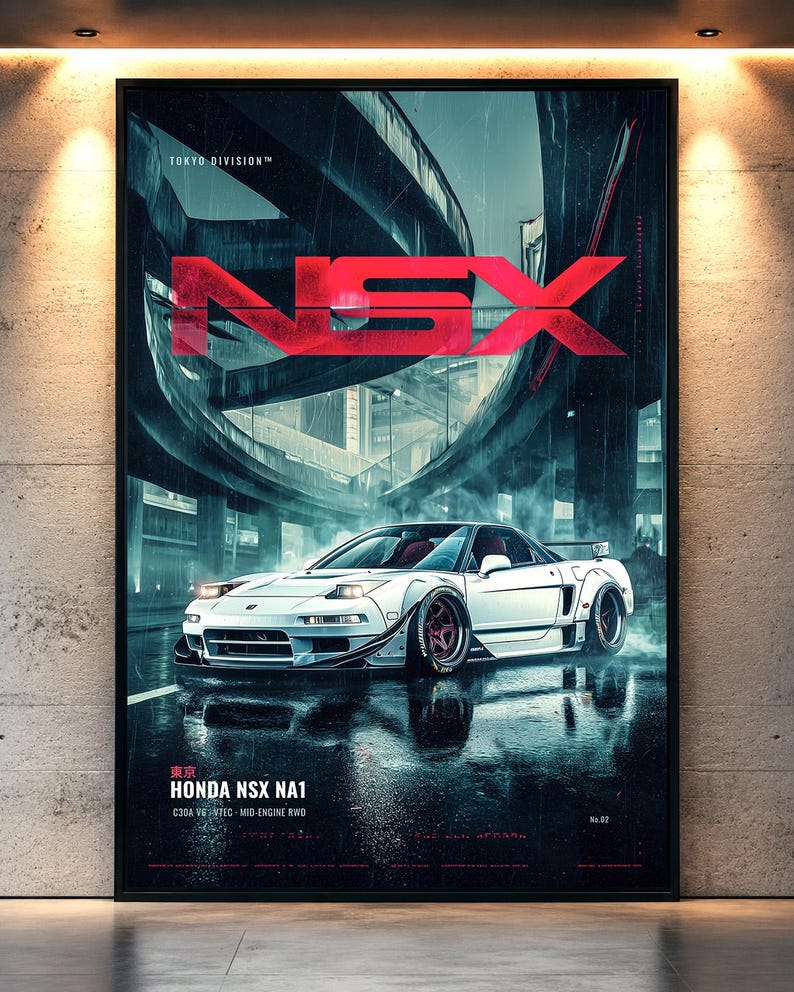 May include: A vertical poster featuring a white Honda NSX NA1 sports car on a wet city street under an overpass. The text reads TOKYO DIVISION, NSX, and HONDA NSX NA1 C30A V6 VTEC MID-ENGINE RWD. The car has wide fenders and dark red wheels.