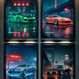 May include: Four framed posters titled Underground Icons featuring a green Mitsubishi Eclipse GS-T, an orange Toyota Supra MK4, a blue Nissan Skyline GT-R R34, and a black Dodge Charger R/T, each depicted in a rainy, neon-lit urban street setting.