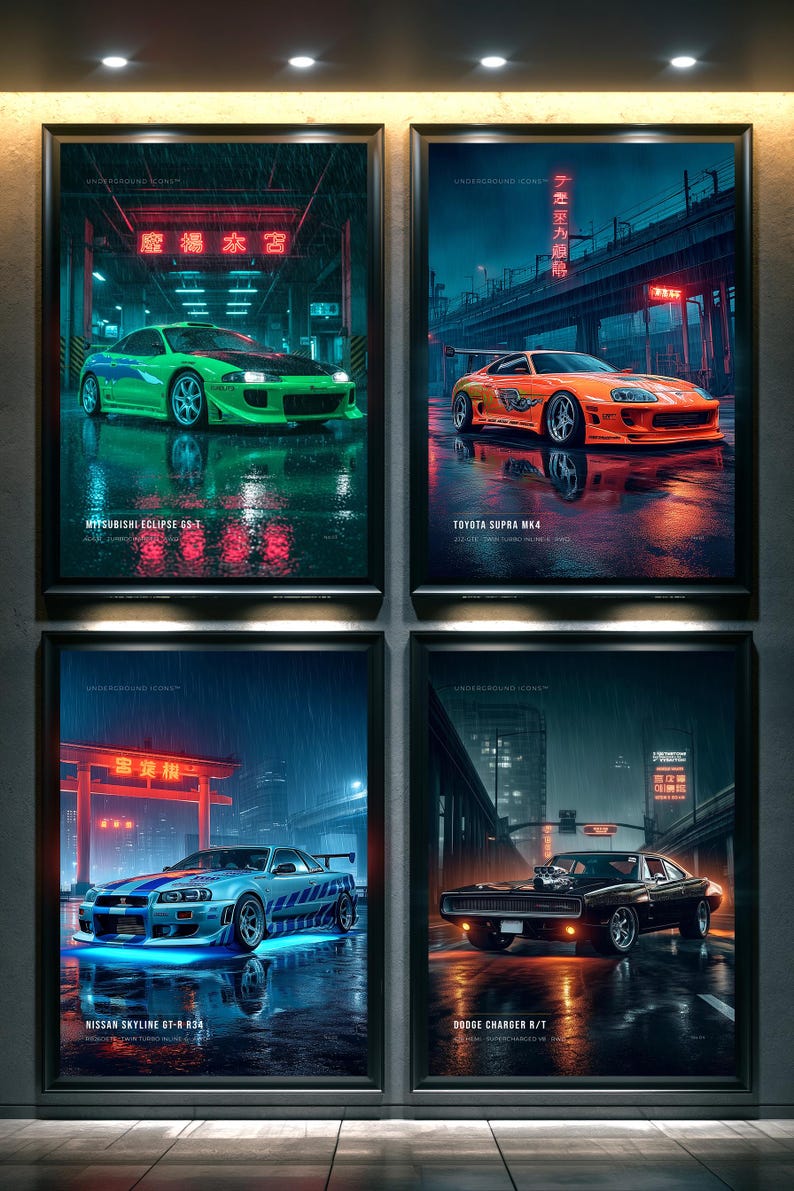 May include: Four framed posters titled Underground Icons featuring a green Mitsubishi Eclipse GS-T, an orange Toyota Supra MK4, a blue Nissan Skyline GT-R R34, and a black Dodge Charger R/T, each depicted in a rainy, neon-lit urban street setting.