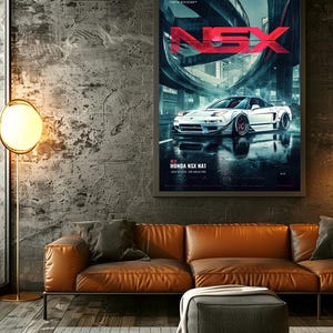 May include: A rectangular wall poster featuring a white Honda NSX NA1 sports car parked on a wet city street at night. The text NSX appears in large red letters above the car, with Tokyo Division and Honda NSX NA1 printed in smaller white text.
