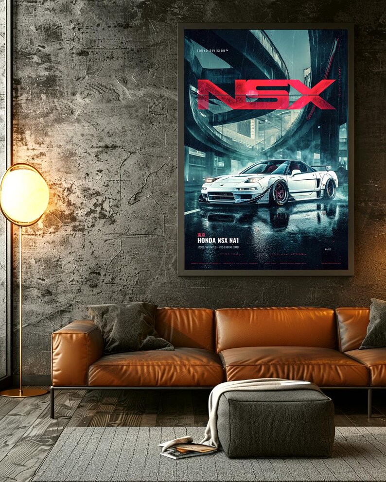 May include: A rectangular wall poster featuring a white Honda NSX NA1 sports car parked on a wet city street at night. The text NSX appears in large red letters above the car, with Tokyo Division and Honda NSX NA1 printed in smaller white text.