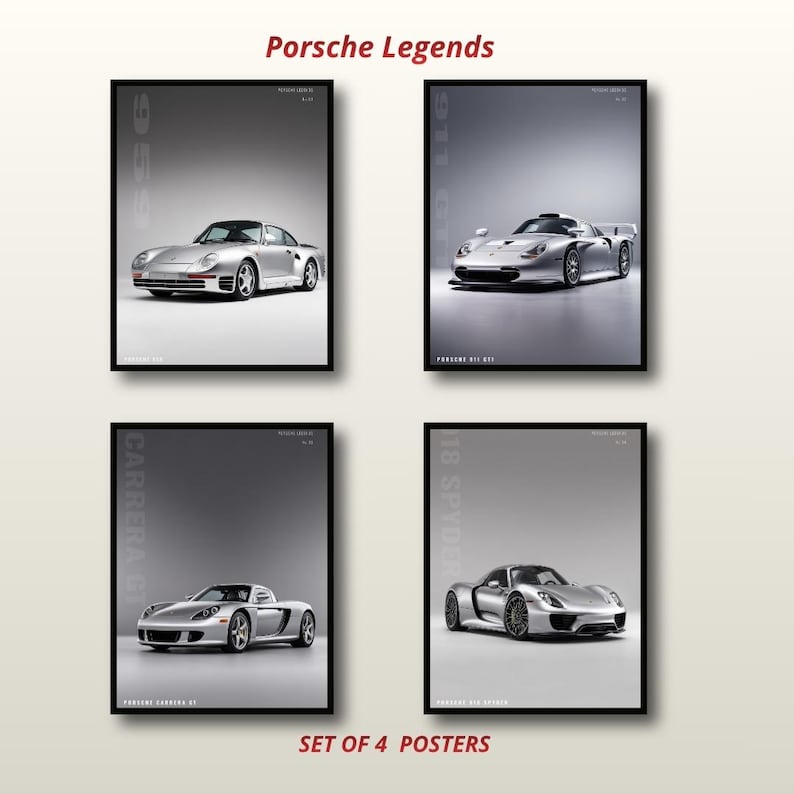 May include: A set of four posters titled Porsche Legends, featuring silver Porsche 959, 911 GT1, Carrera GT, and 918 Spyder sports cars. Each poster displays the car model name vertically in light gray text against a dark gray background.