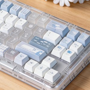 May include: A clear, rectangular keyboard with white, light blue, and patterned keycaps. The keycaps have various symbols and characters. A bouquet of white daisies with yellow centers is in the background.