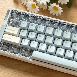 May include: A light blue mechanical keyboard with white keycaps and clear switches. The keyboard is on a wooden surface, with a bouquet of white daisies with yellow centers in the background.