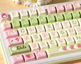 Juego de 138 teclas para gaming con diseño de conejito de leche de fresa, teclas de teclado PBT de sublimación de tinta con perfil Cherry y MDA, esquema de colores Fresh Healing