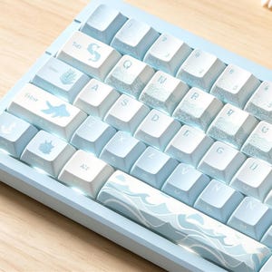 129Pcs Ocean Wave PBT Keycaps Set,Blue White Sea Cherry Profile Side Printed Backlit Keycaps,Cute Fish Dye Sub Mechanical Keyboard Keycaps