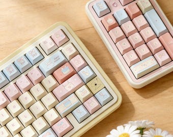Juego de 145 teclas en tonos pastel, teclas mecánicas de sublimación de tinta de 5 lados con perfil Cherry PBT, ajuste universal para uso diario.